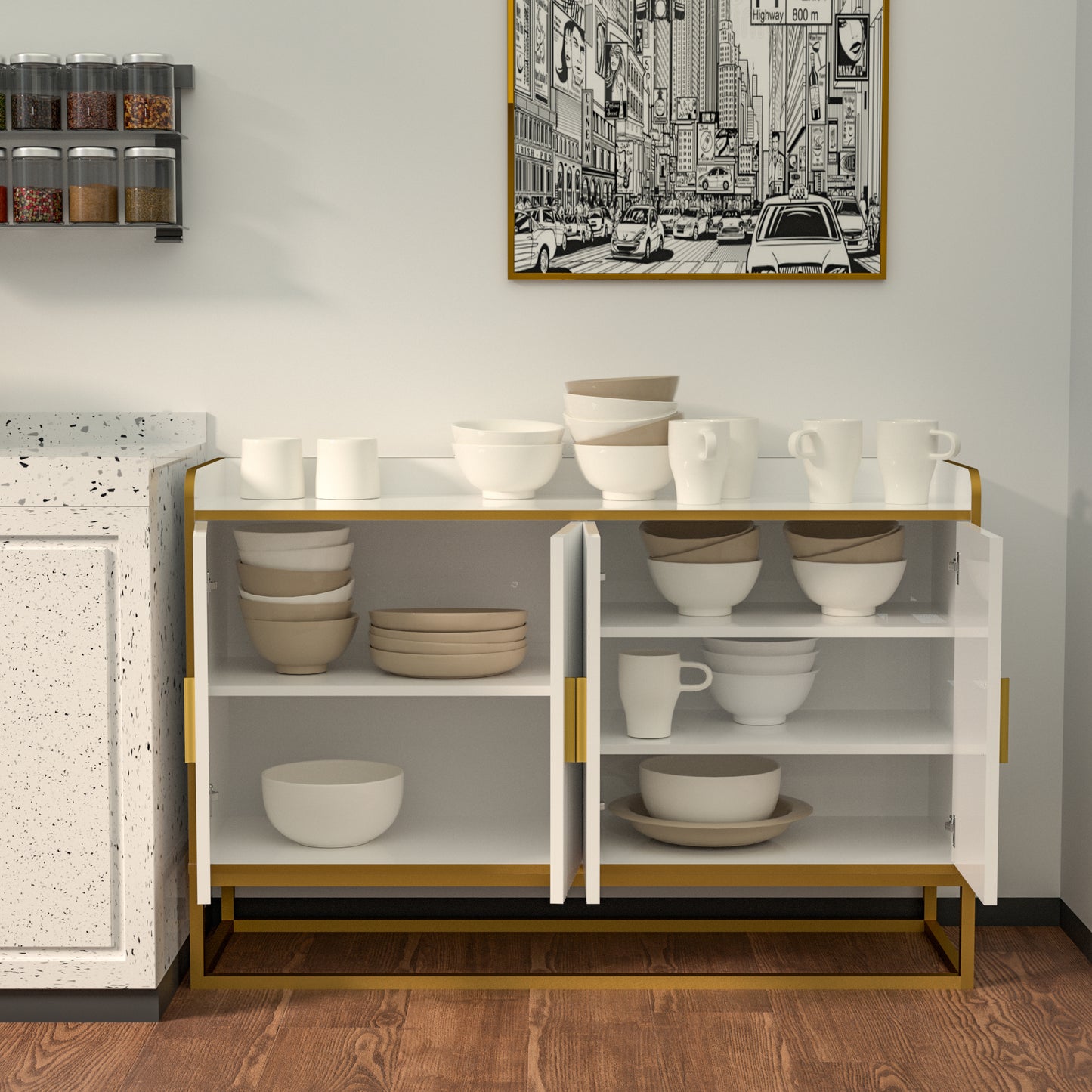 Modern Kitchen Buffet Storage Cabinet Cupboard - White Gloss with Metal Legs - Ideal for Living Room and Kitchen - Sleek Design - Various Sizes Available