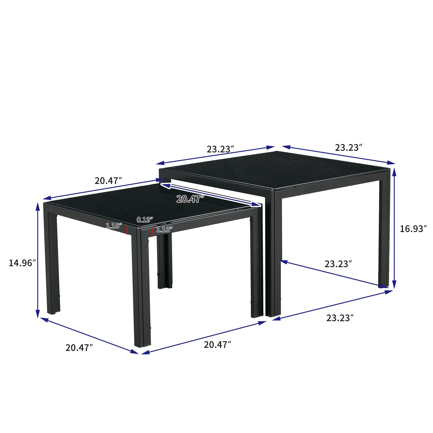 Nesting Coffee Table Set of 2, Square Modern Stacking Table with Tempered Glass Finish, Ideal for Living Room Décor, Black