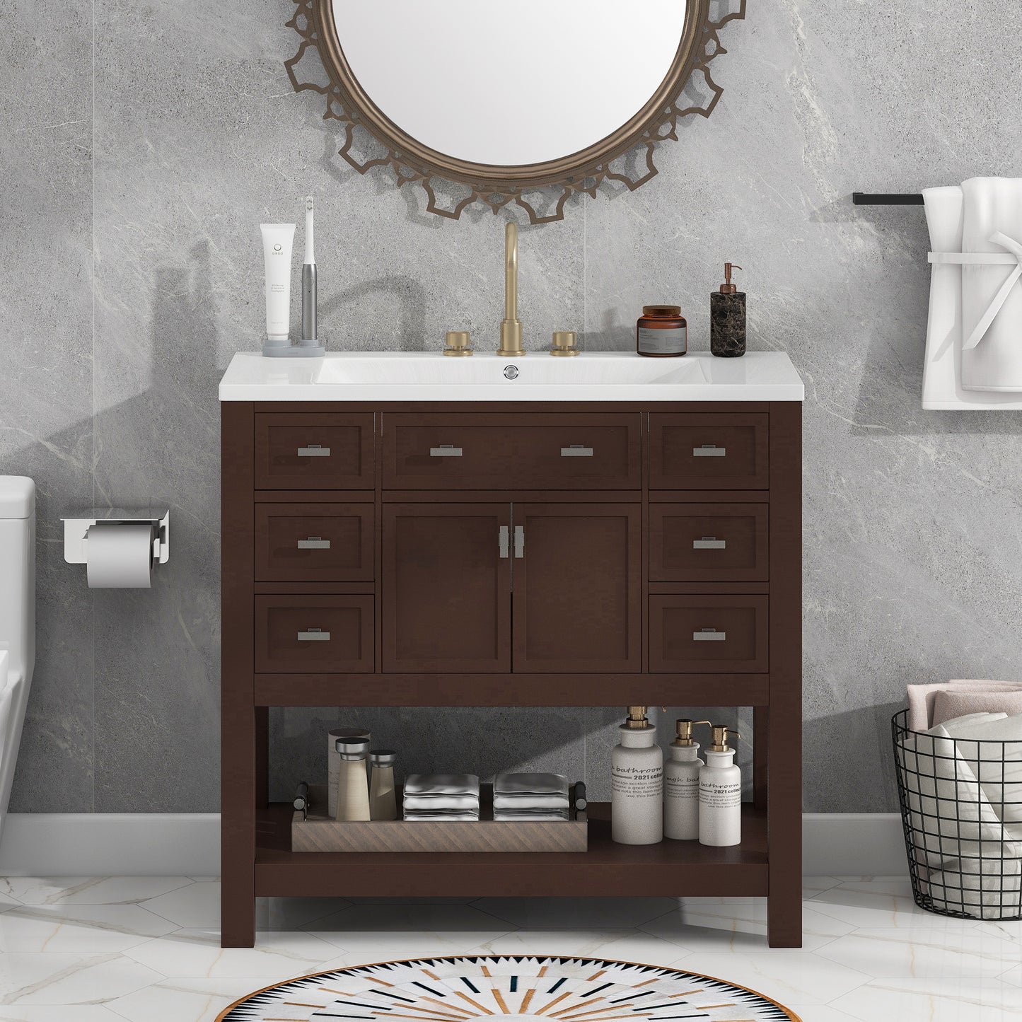 36'' Bathroom Vanity with Top Sink, Modern Storage Cabinet, Soft Closing Doors & 6 Drawers, Brown MDF Material