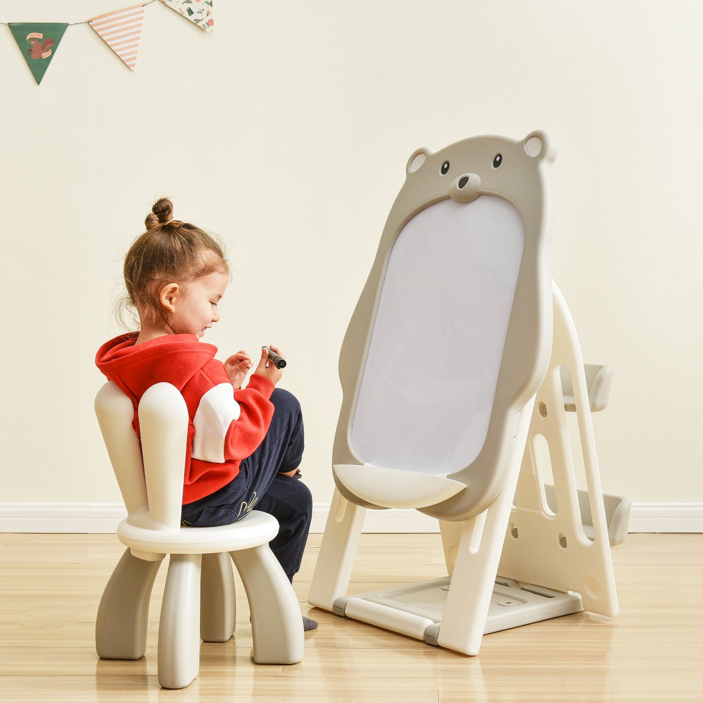 Folding Kids Art Easel with Stool & Adjustable Whiteboard | Standing Foldable Easel-Dry Erase Board w/ Book Shelf & Toddler Chair | Girls & Boys | Blue |