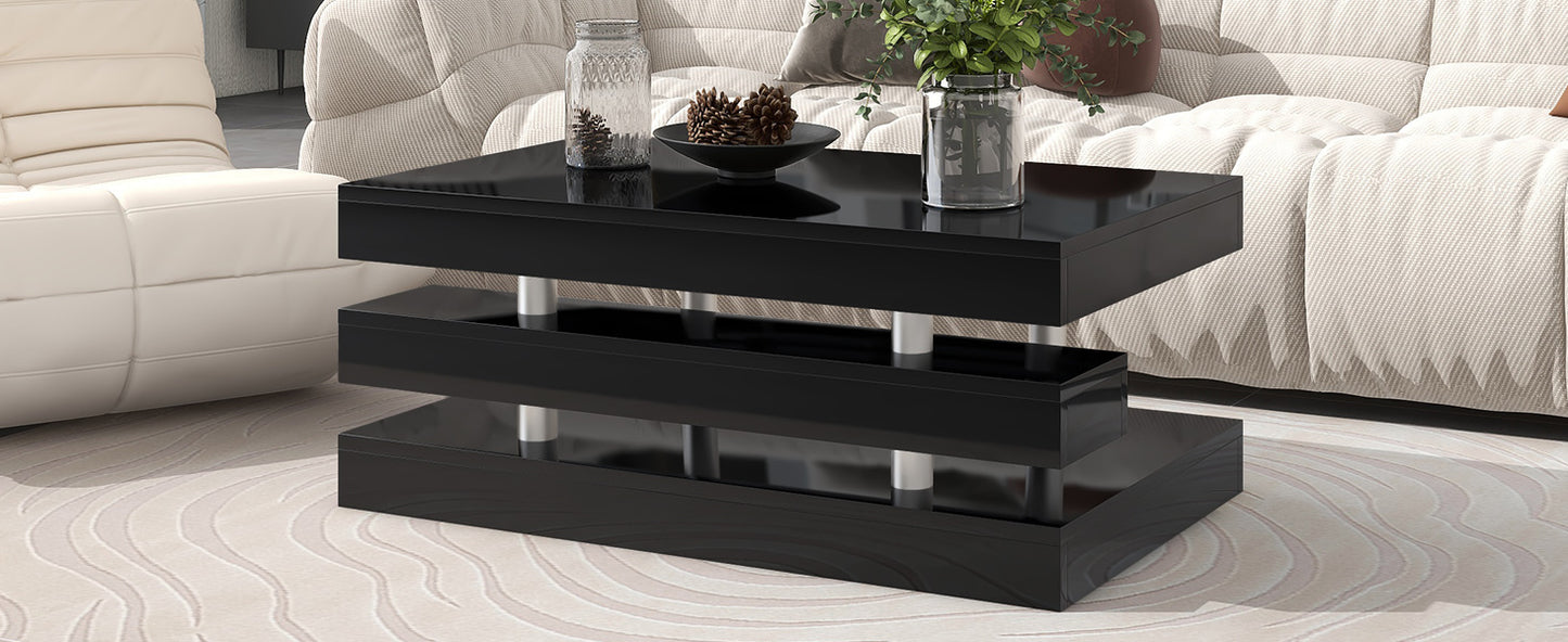 ON-TREND 2-Tier Coffee Table, Silver Metal Legs, High-gloss UV Surface, Minimalist Design, Living Room Center Table, Black Rectangle Cocktail Table