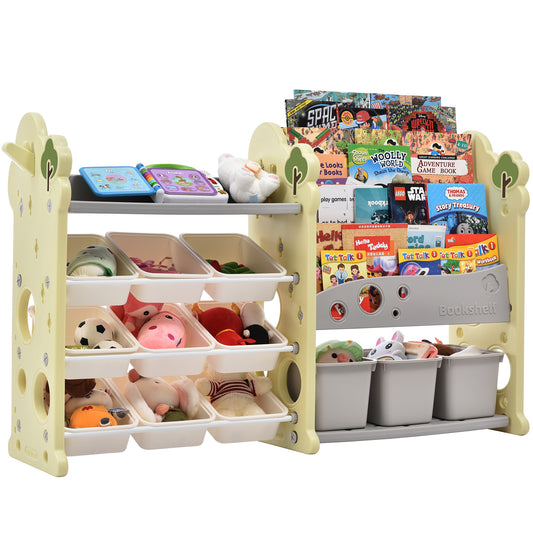 Kids Bookshelf Toy Storage Organizer: 12 Bins, 4 Bookshelves, Multi-functional Nursery Organizer, HDPE Shelf and Bins