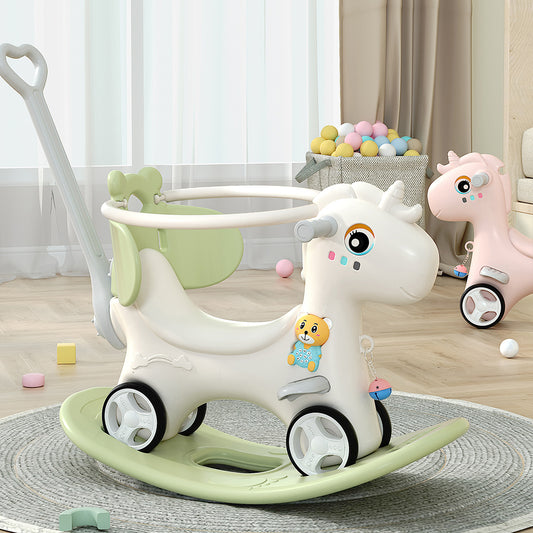 Rocking Horse for Toddlers, Balance Bike Ride On Toys with Push Handle, Backrest, and Balance Board - Unicorn Kids Green Color.