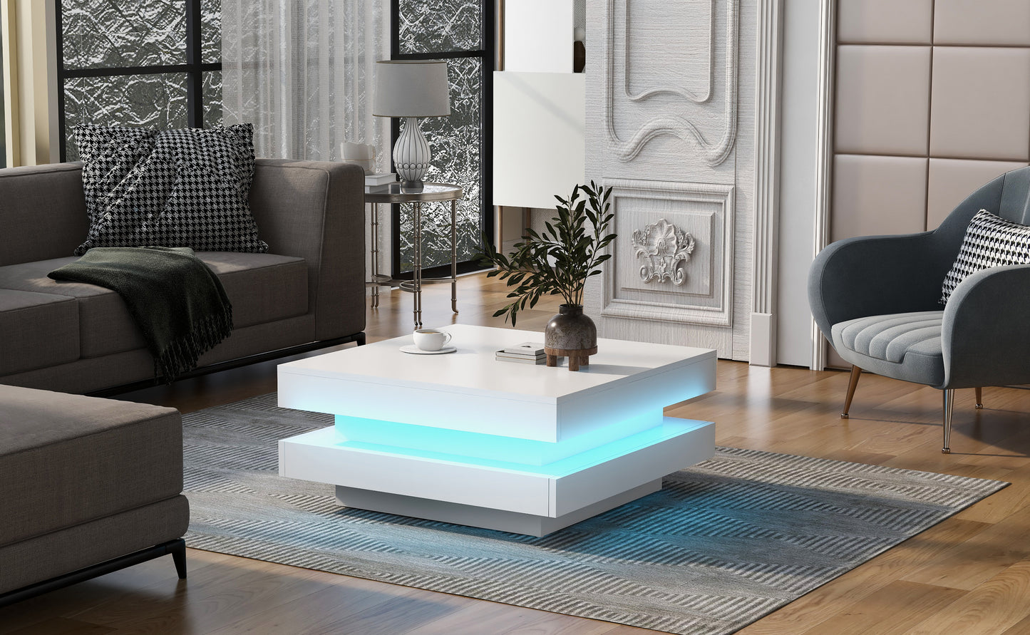 ON-TREND High Gloss 2-Tier Square Coffee Table with 16-color LED Lights, for Living Room, 31.5”x31.5”x14.2”, White