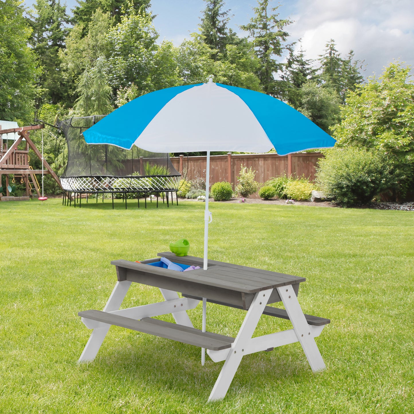 3-in-1 Kids Outdoor Wooden Picnic Table With Umbrella, Convertible Sand & Water Play Area, Gray - ASTM & CPSIA Certified