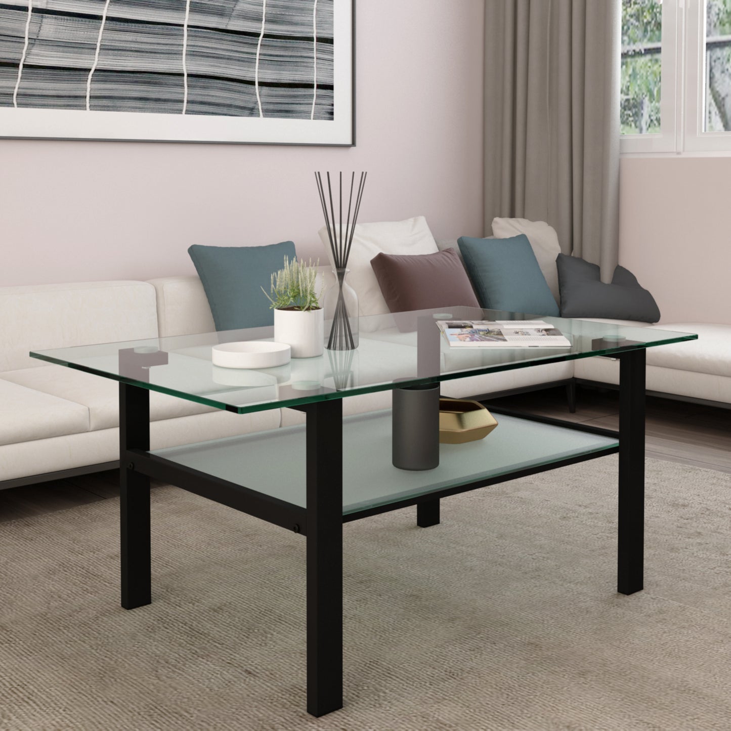 Transparent Glass Black Coffee Table - Modern Simple Living Room Side Center Table - Sleek Design, Versatile Size