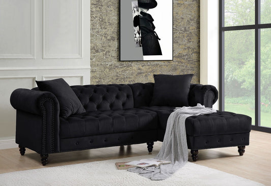 Adnelis Sectional Sofa w/2 Pillows: Black Velvet, Modern Design, Comfortable Seating, 57320