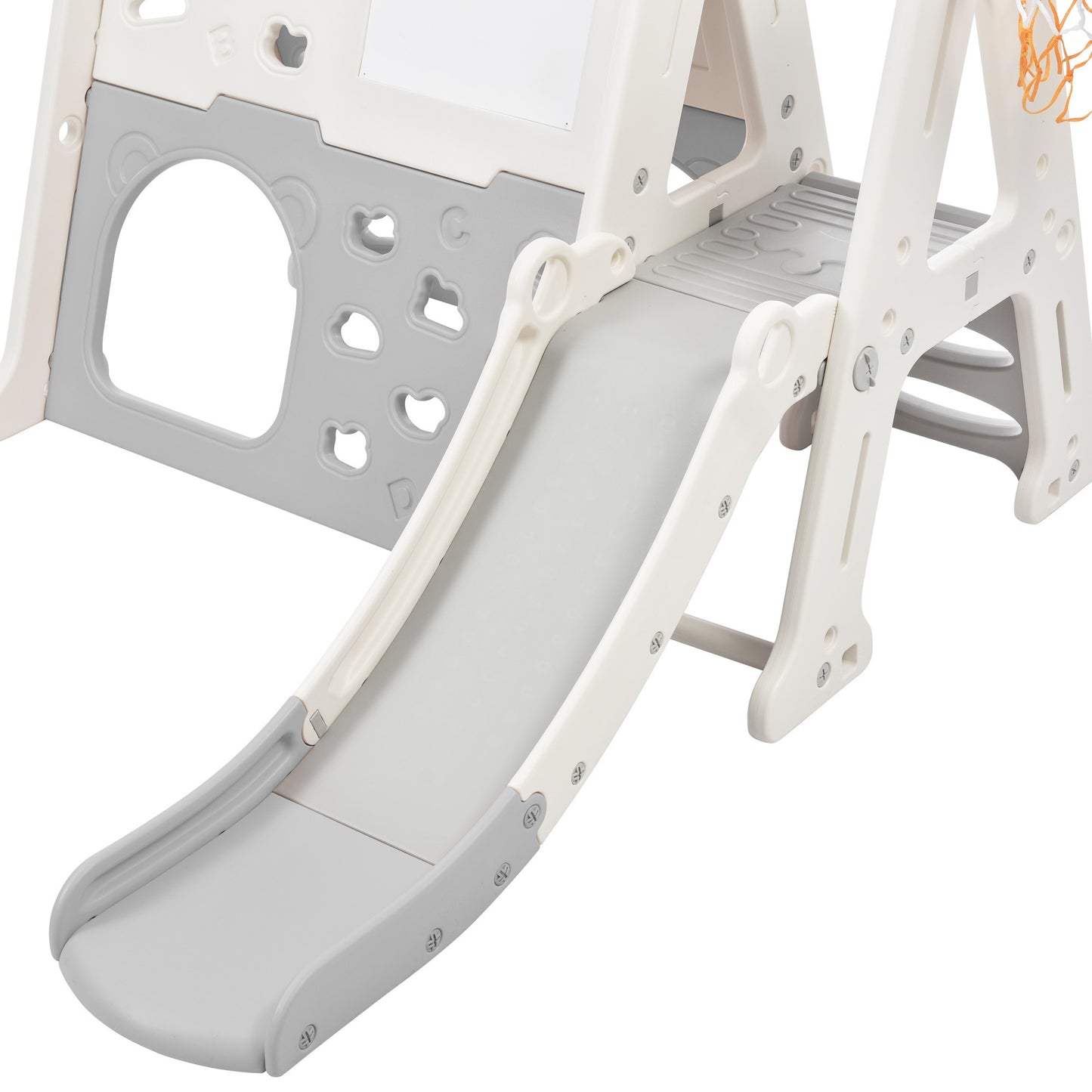 7-in-1 Toddler Climber and Slide Set - Kids Playground Climber Slide Playset with Tunnel, Whiteboard, Building Block Baseplates, and Basketball Hoop Combination - White, Compact Size