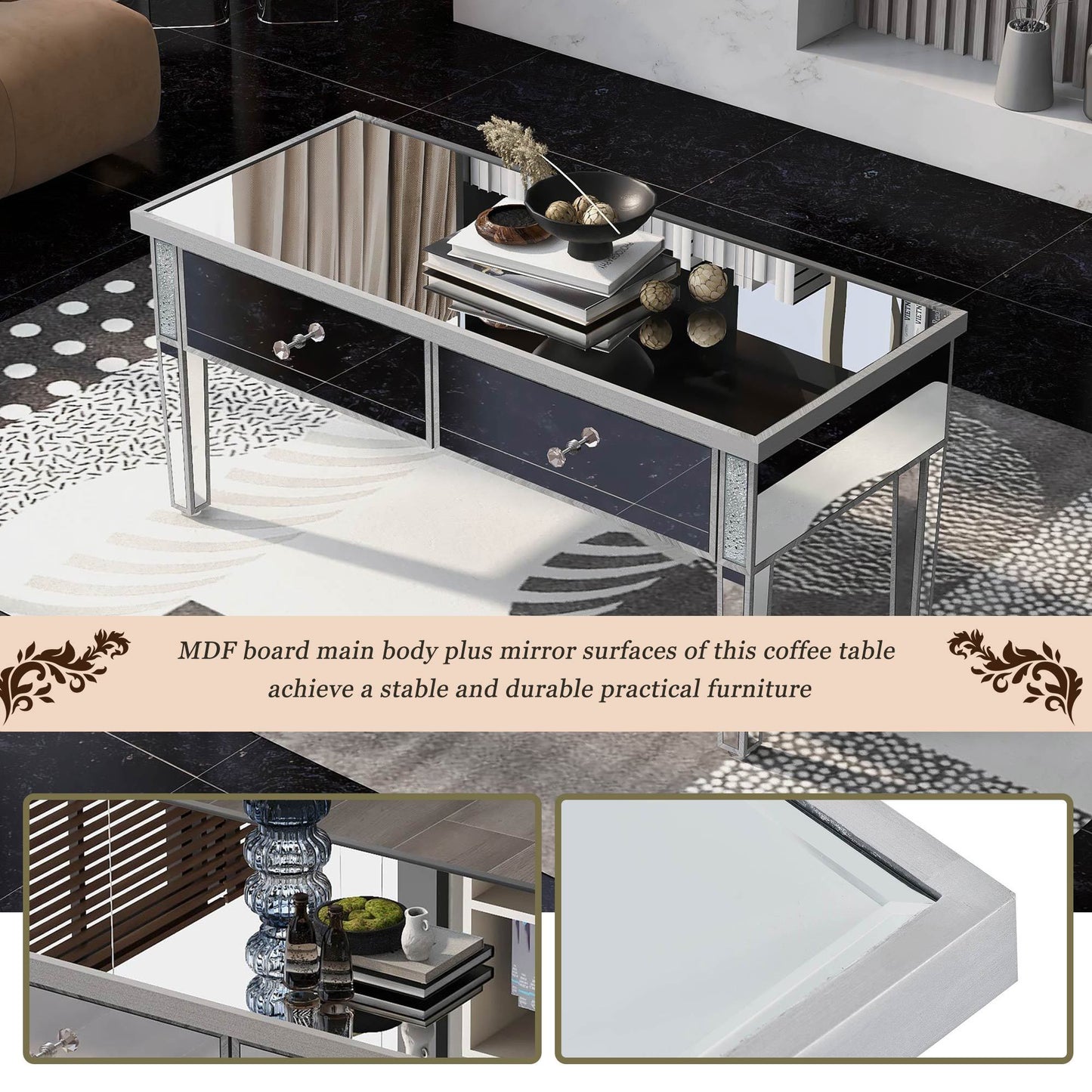 ON-TREND Glass Mirrored Coffee Table with 2 Drawers, Crystal Handles & Adjustable Height Legs for Living Room, Silver