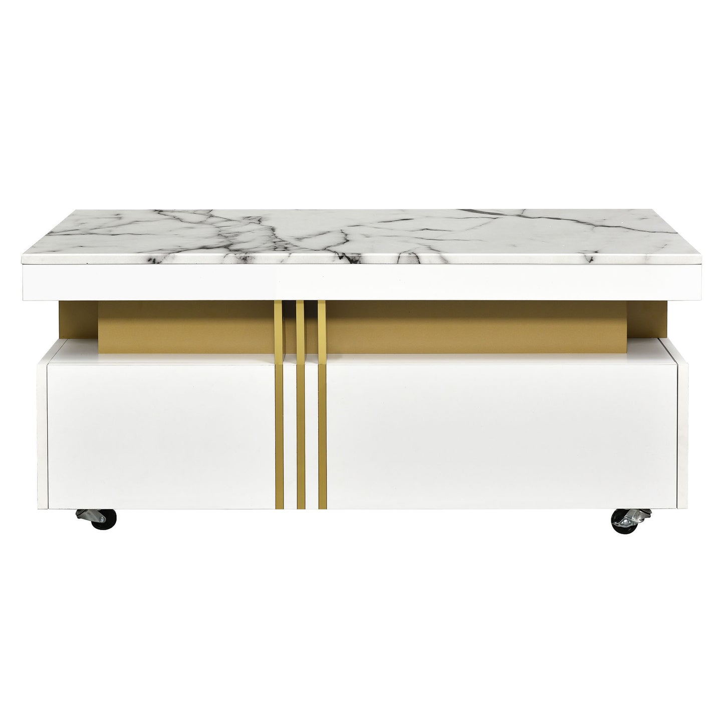 ON-TREND Contemporary Coffee Table, Rectangle Cocktail Table with Caster Wheels, Moderate Luxury Center Table with Gold Metal Bars, White Faux Marble Top, for Living Room