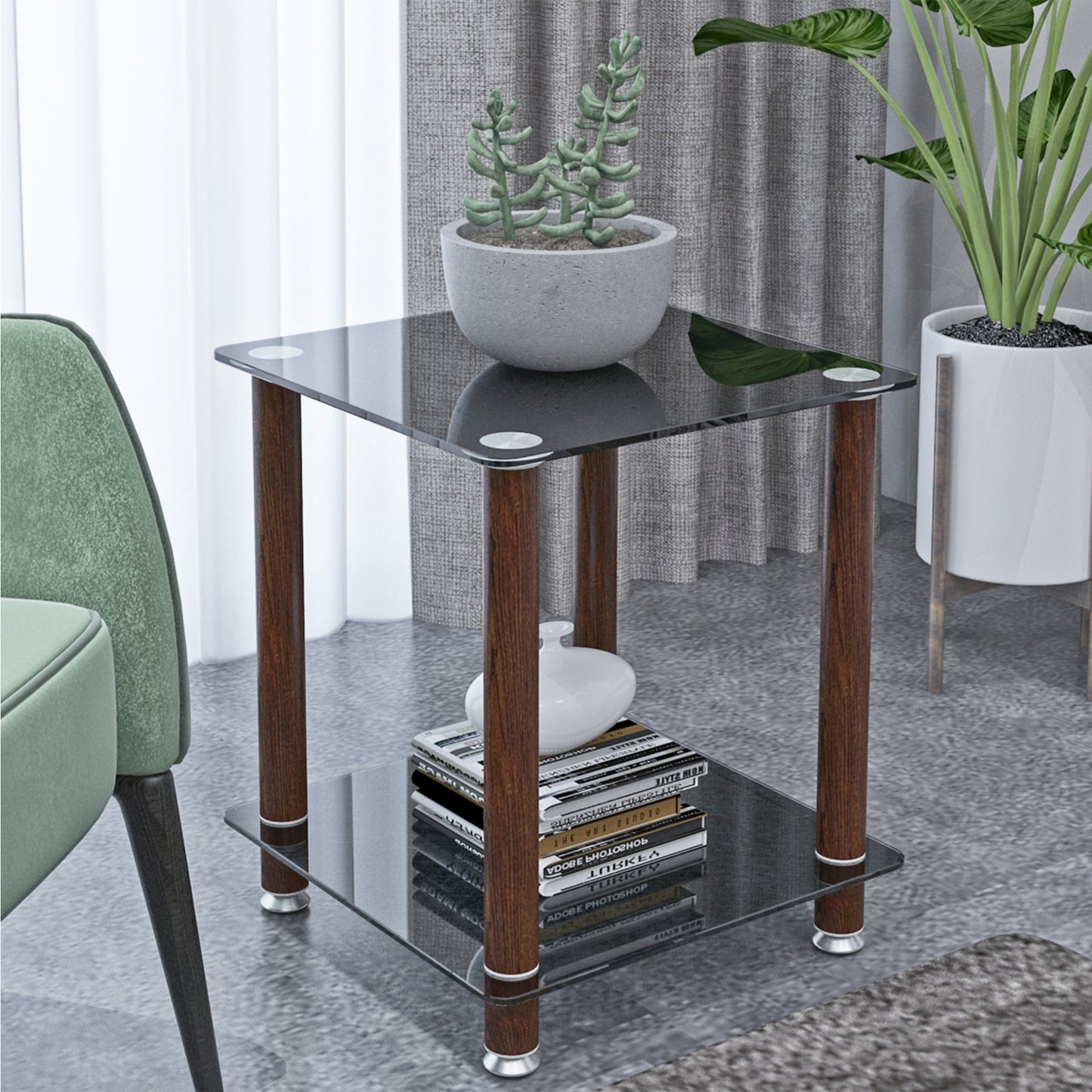 1-Piece Black + Walnut Side Table | 2-Tier Space End Table | Modern Night Stand | Sofa table | Side Table with Storage Shelf