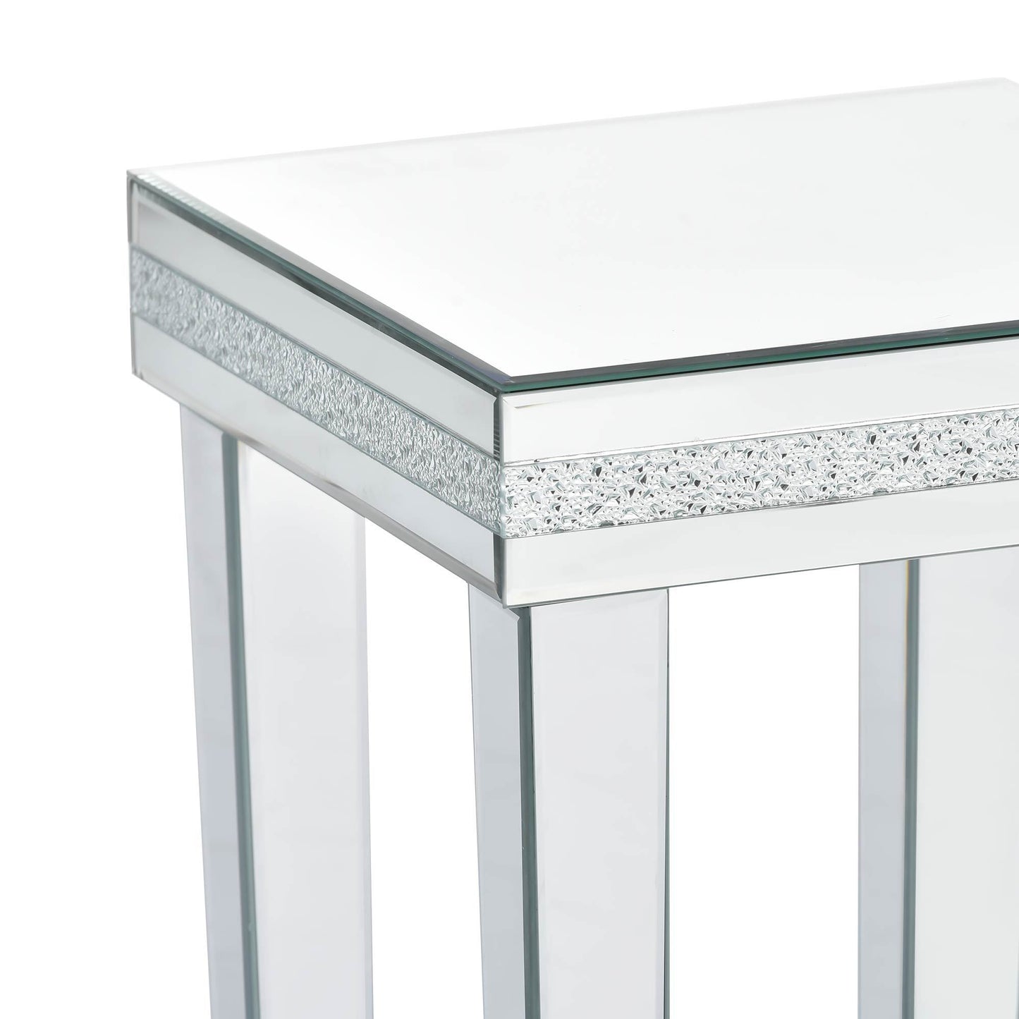 Fashionable Modern Glass Mirrored Side Table, Crystal Design, Adjustable Height Legs, Silver