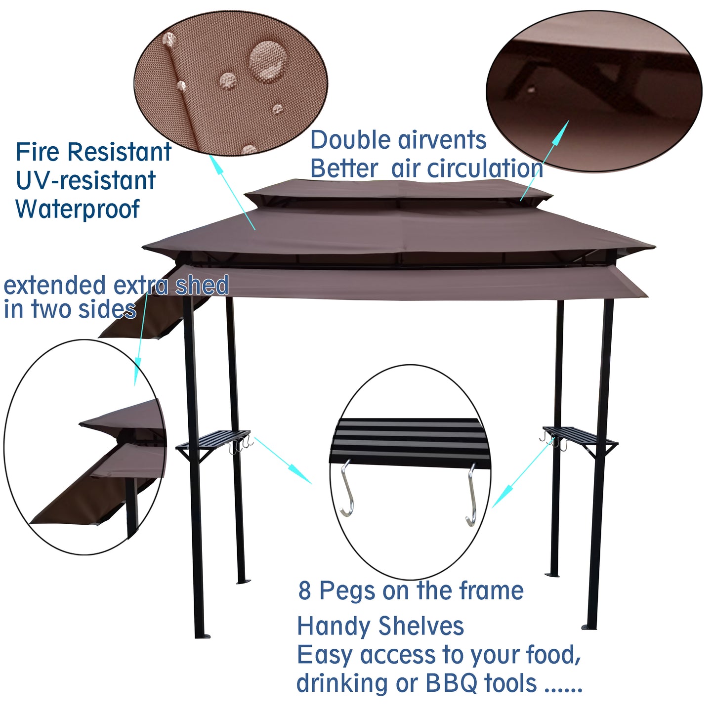 8x4ft Grill Gazebo: Metal Gazebo with Soft Top Canopy, Steel Frame, Hook, and Bar Counters | Fabric Light Brown