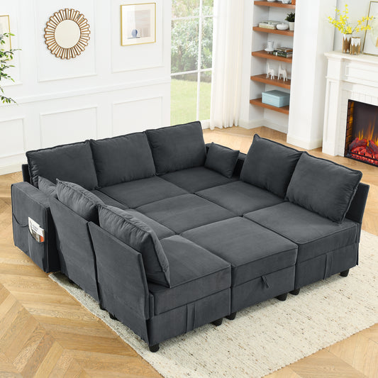 9 Seat Modular Sofa Set, Storage Sectional Sofa Couch Convertible King Sofa Bed in Dark Gray Corduroy Velvet with Spring Pack Cushions