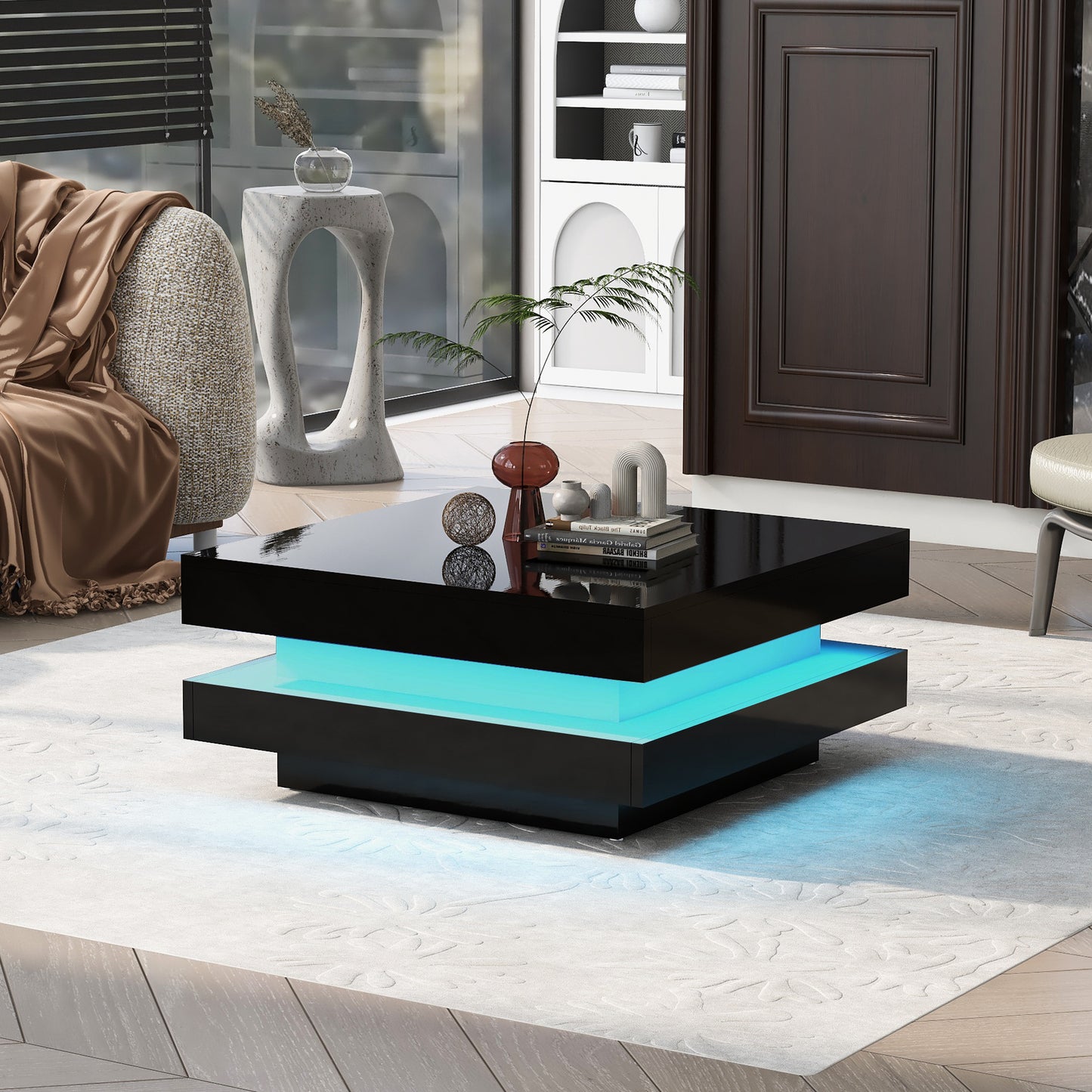 ON-TREND High Gloss 2-Tier LED Coffee Table for Living Room, 16-Color Lights, 31.5”x31.5”x14.2”, Black