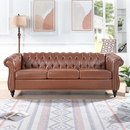 84.65" BROWN PU Rolled Arm Chesterfield Three Seater Sofa - Elegant and Spacious Seating Solution