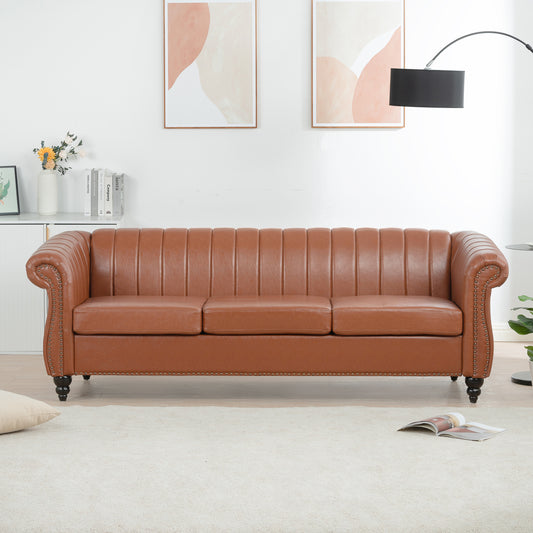 83.46" Brown PU Rolled Arm Chesterfield 3-Seater Sofa: Elegant and Spacious