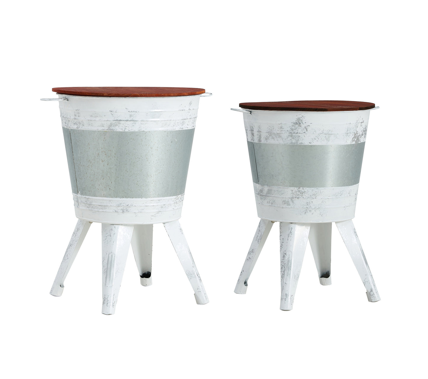 Farmhouse Rustic Distressed Metal Accent Cocktail Table with Wood Top - Set of 2: White, Wood-Top, Distressed, Metal Accents