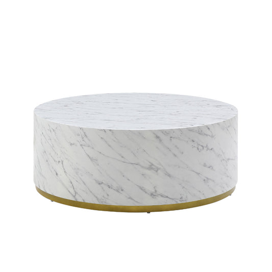 Faux Marble Coffee Tables for Living Room: 35.43inch Accent Tea Tables with Gold Metal Base in White