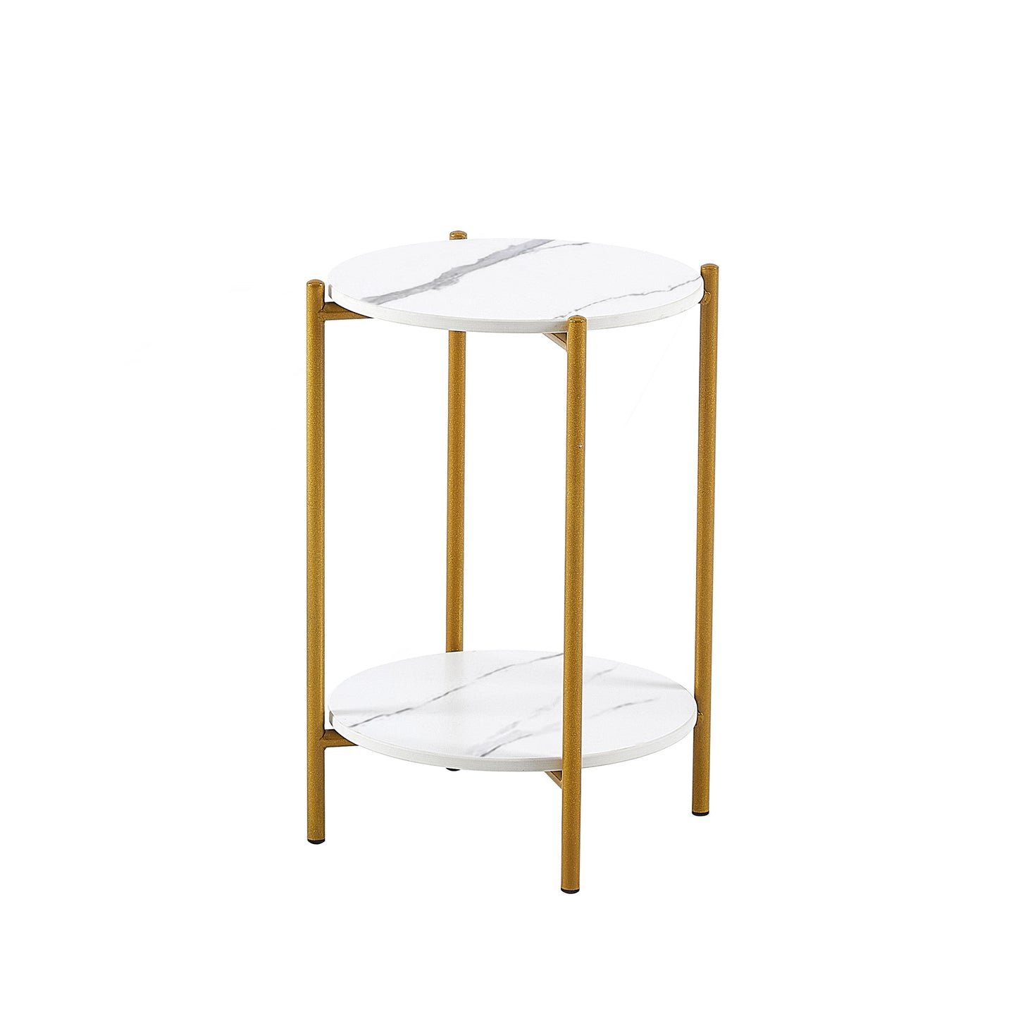 2-Layer End Table with Marble Tabletop, Round Coffee Table, Golden Metal Frame for Bedroom, Living Room, Office - White, 1 Piece