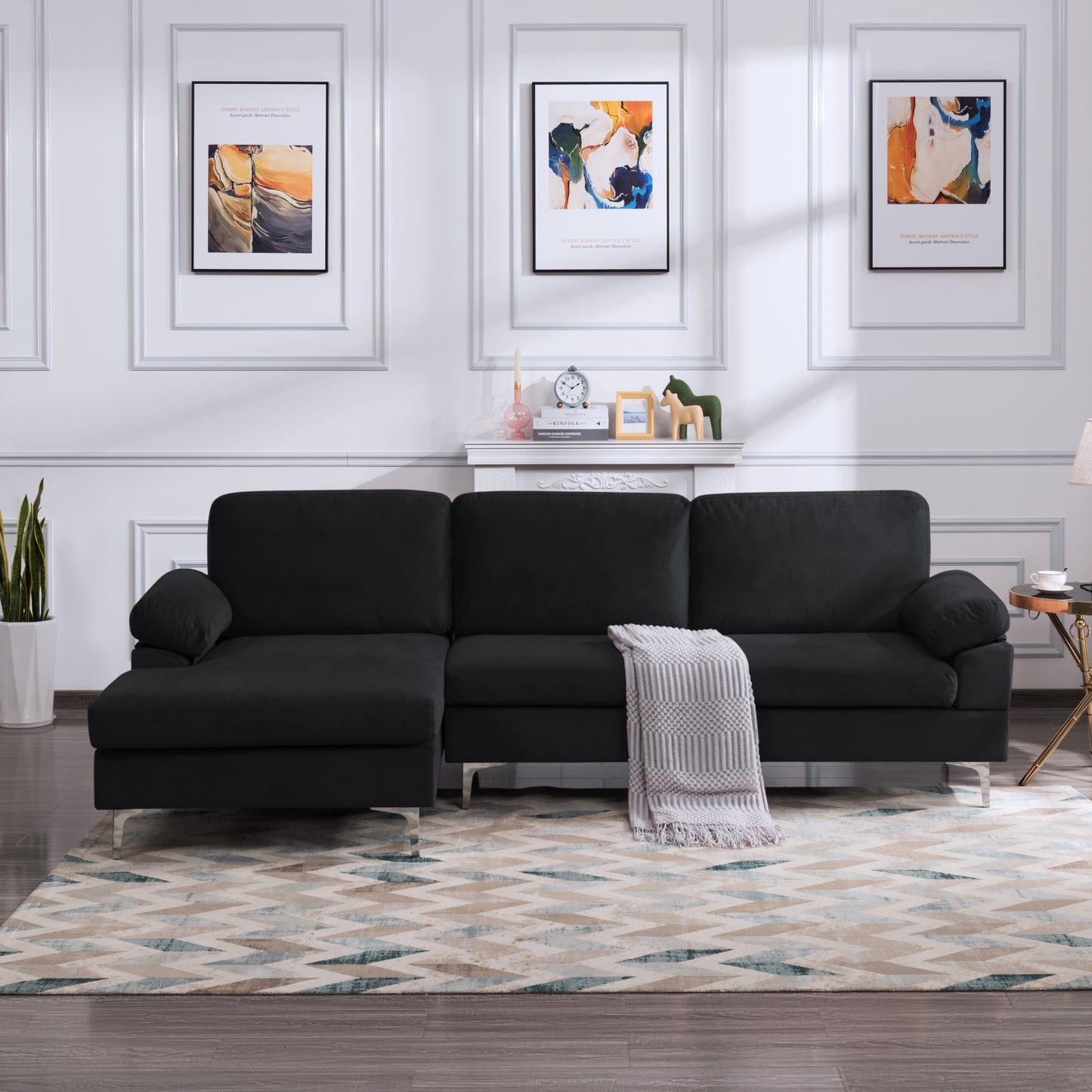 Sectional Sofa Black Velvet Left Hand Facing (Size difference, See Details in Page)