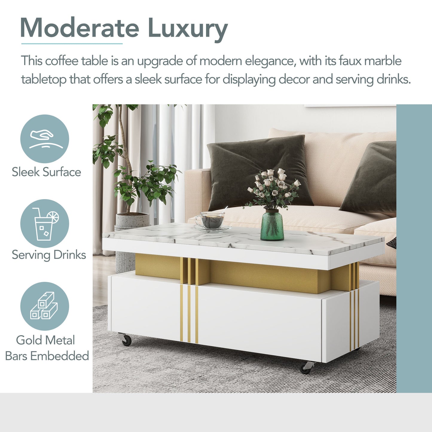 ON-TREND Contemporary Coffee Table, Rectangle Cocktail Table with Caster Wheels, Moderate Luxury Center Table with Gold Metal Bars, White Faux Marble Top, for Living Room