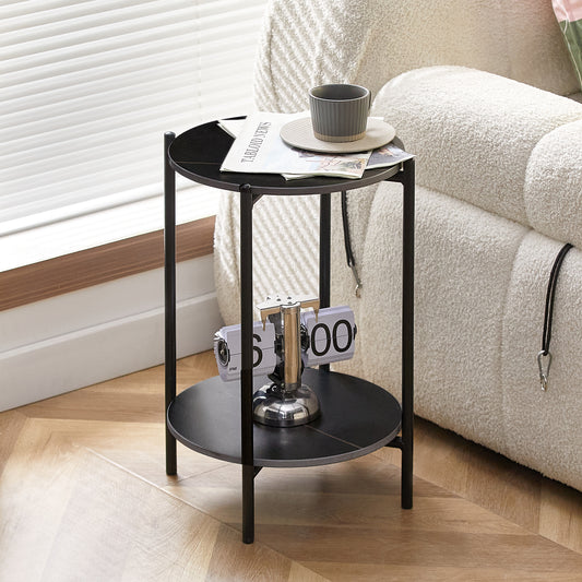 2-Layer End Table with Whole Marble Tabletop, Round Coffee Table for Bedroom Living Room Office. Black Metal Frame. 1 Piece.