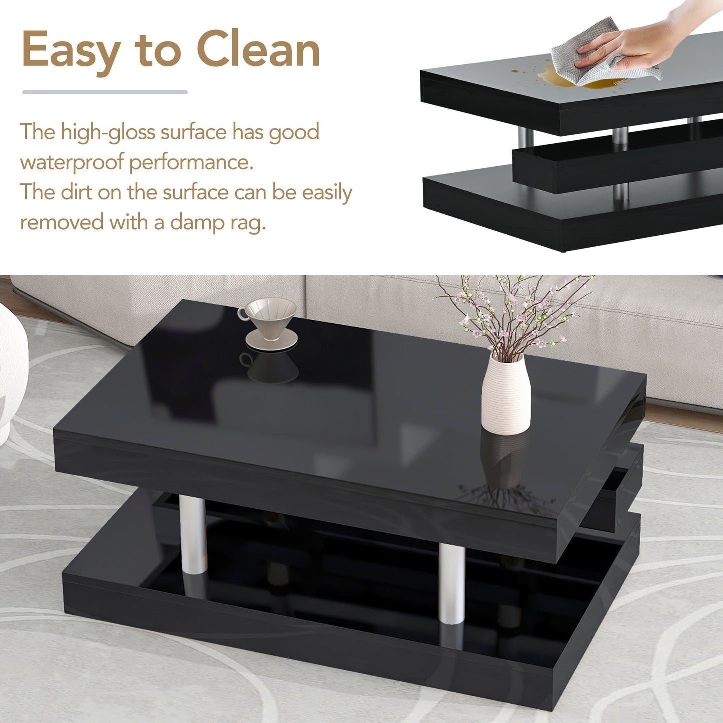 ON-TREND 2-Tier Coffee Table, Silver Metal Legs, High-gloss UV Surface, Minimalist Design, Living Room Center Table, Black Rectangle Cocktail Table