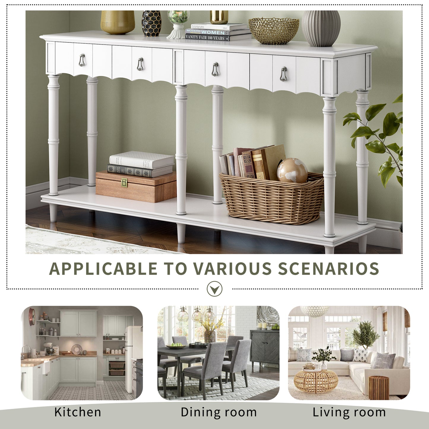 U-Style Console Table with 4 Front-Facing Storage Drawers and 1 Shelf – Ideal for Hallway, Living Room, or Bedroom – Classic Design with Ample Storage Space – Available in Various Colors and Sizes