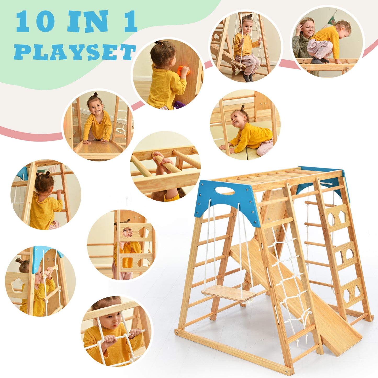 Wooden Indoor Kids Playground Jungle Gym with Slide, 8-in-1 Playset, Rock Climbing Wall, Monkey Bars, and Swing - Toddlers Wooden Climber with Rope Wall Climb - Color & Size Options Available