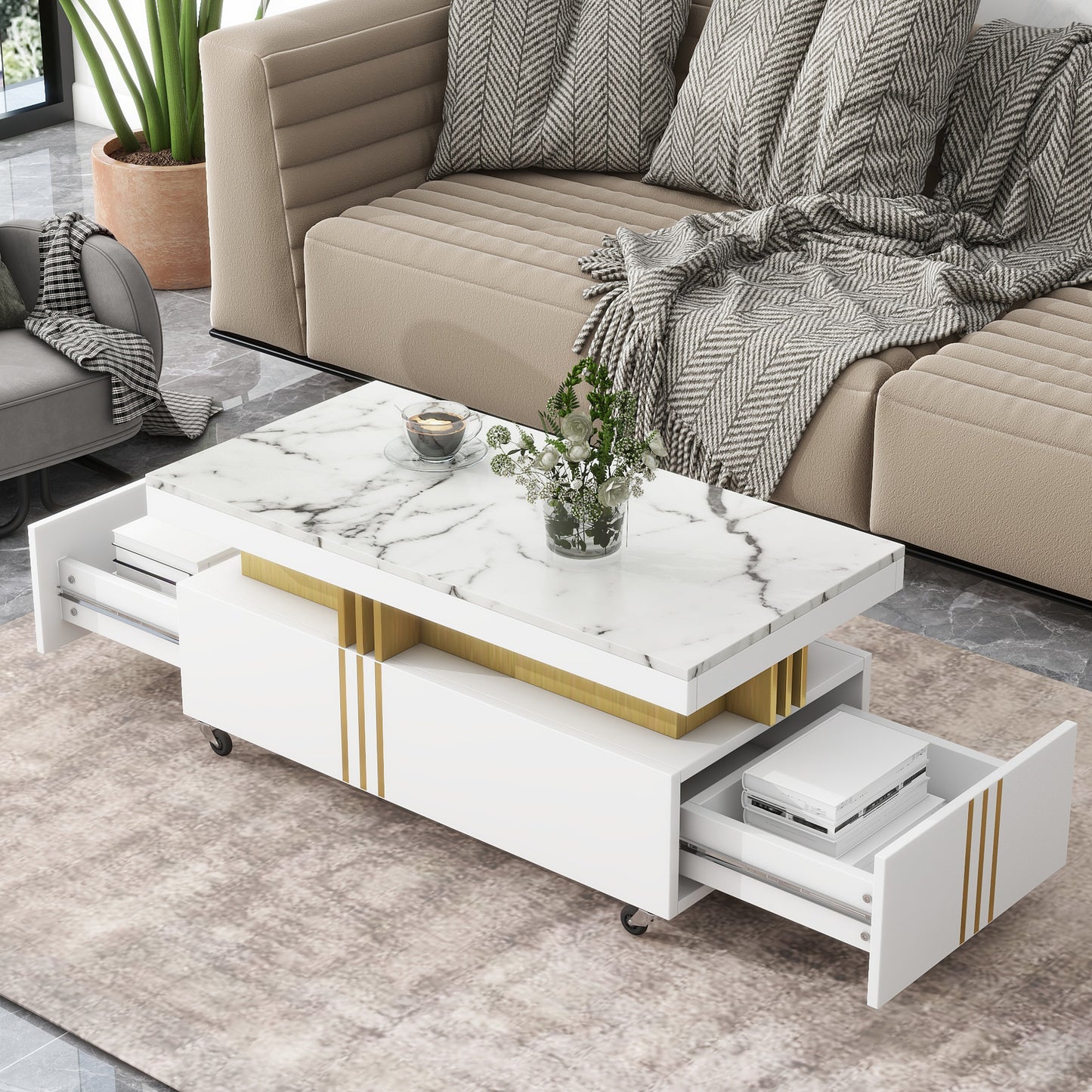 ON-TREND Contemporary Coffee Table, Rectangle Cocktail Table with Caster Wheels, Moderate Luxury Center Table with Gold Metal Bars, White Faux Marble Top, for Living Room