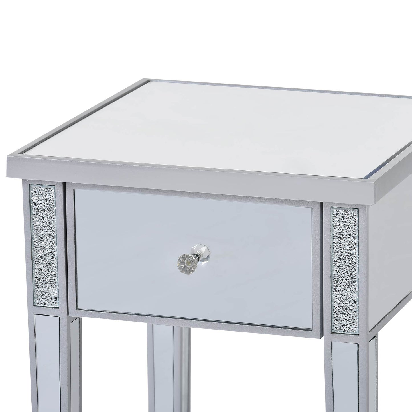 ON-TREND Modern Glass Mirrored End Table with Drawer, Crystal Handles, Adjustable Height Legs - Silver