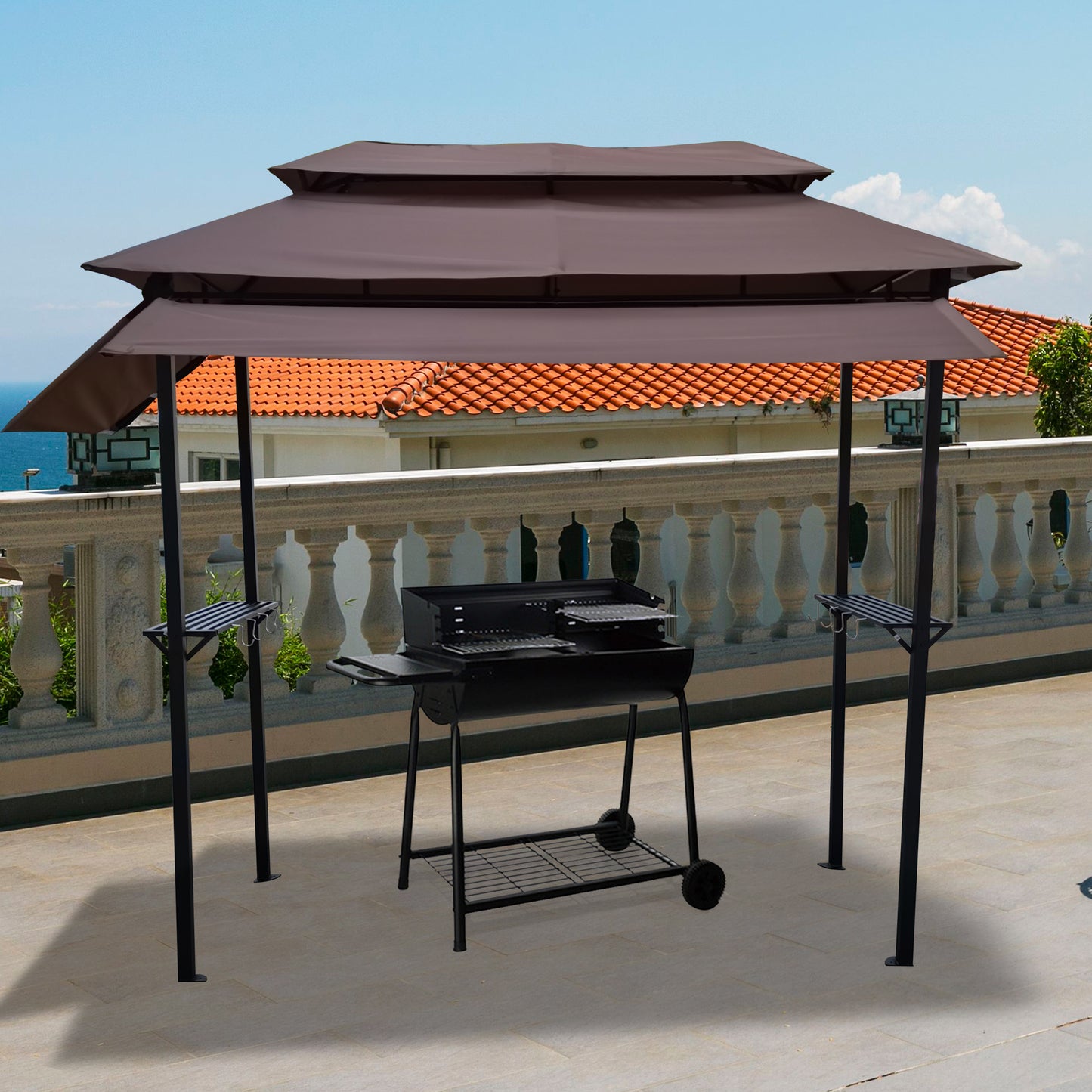 8x4ft Grill Gazebo: Metal Gazebo with Soft Top Canopy, Steel Frame, Hook, and Bar Counters | Fabric Light Brown