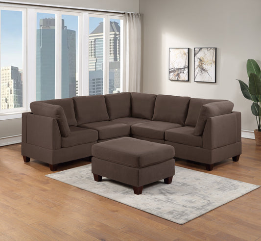 Modular Sectional 6pc Set | Corner Sectional Couch Grey Linen Fabric | 3x Corner Wedge, 2x Armless Chairs, 1x Ottoman