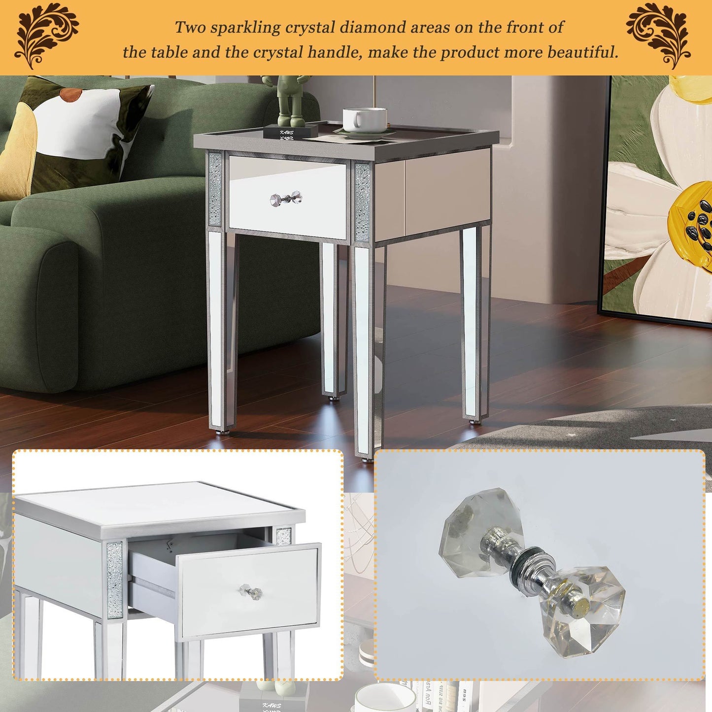 ON-TREND Modern Glass Mirrored End Table with Drawer, Crystal Handles, Adjustable Height Legs - Silver