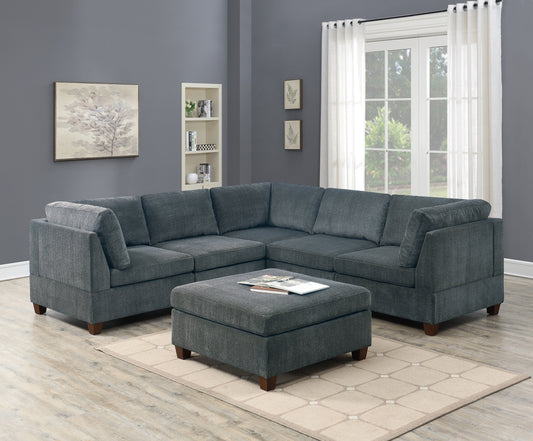 Grey Chenille Modular Sectional 6pc Set Corner Sectional Modern Couch 3x Corner Wedge 2x Armless Chairs and 1x Ottoman Plywood