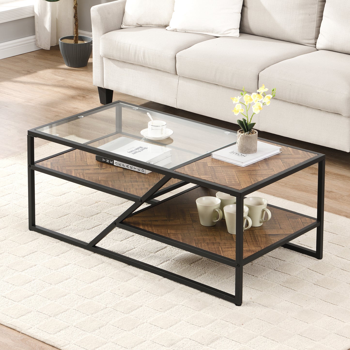 Black Coffee Table with Storage Shelf, Tempered Glass & Metal Frame for Living Room & Bedroom - Stylish, Functional Furniture for Home Décor