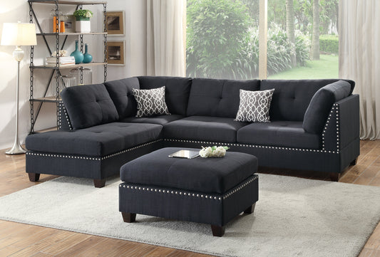 3-Pcs Black Polyfiber Sectional Sofa with Reversible Chaise & Ottoman - Cushion Sofa, Pillows Included