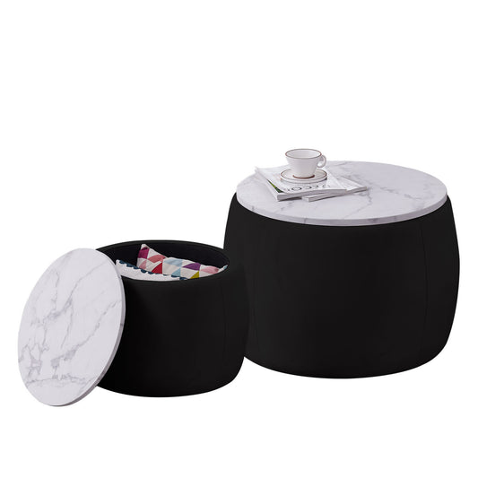 Set of 2 End Table with Storage, Round Accent Side Table for Living Room, Bedroom, Removable Top, Black, Top φ650*450,φ480*390