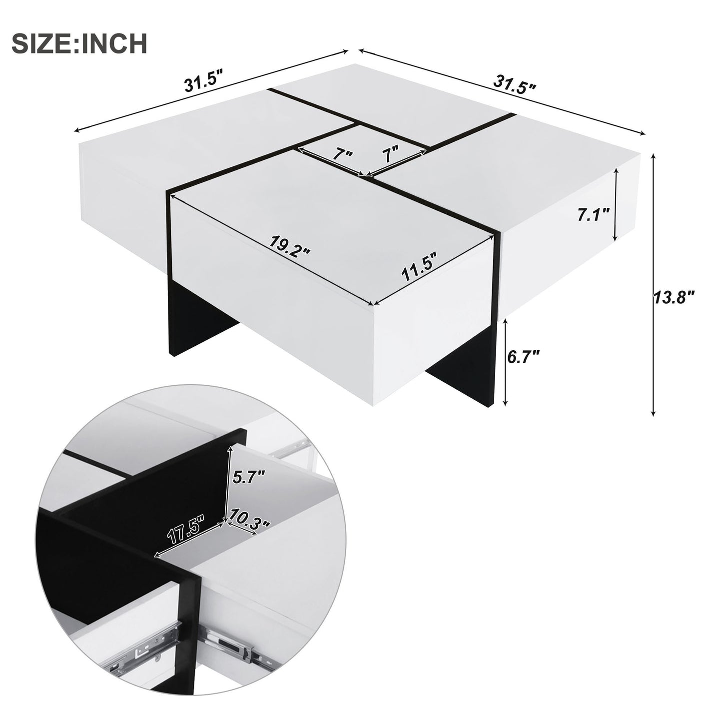 ON-TREND Coffee Table with 4 Hidden Storage Compartments, Extendable Sliding Tabletop, UV High-gloss Design for Living Room, 31.5"x 31.5"