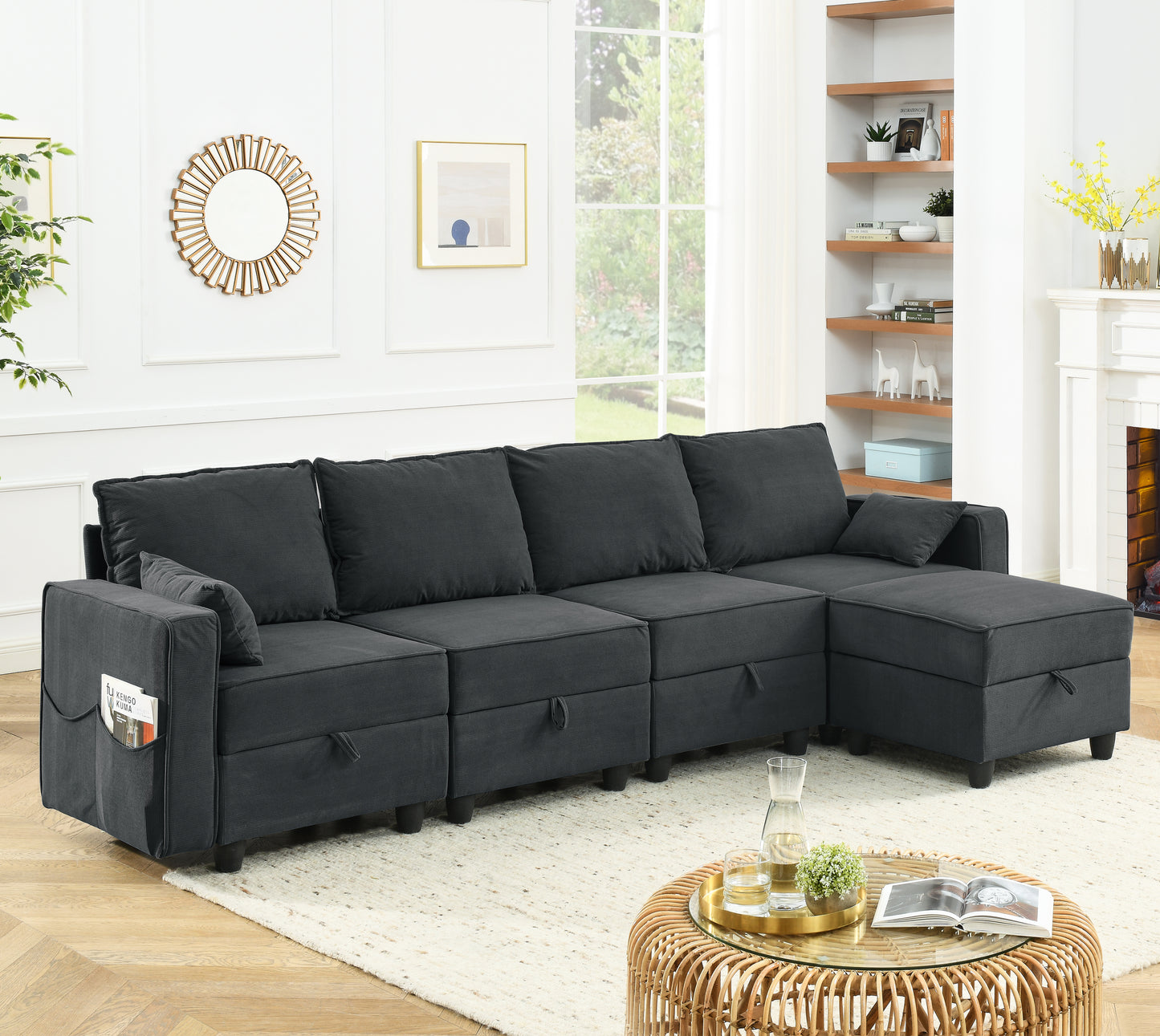 High-end Modular Sofa Couch, 5 Seat Sectional Sofa set for Living Room, Dark Gray Corduroy Velvet, Spring Cushions