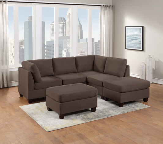 Modular Sectional 6pc Set Living Room Furniture - L-Sectional in Black Coffee Linen Like Fabric - 2 Corner Wedge, 2 Armless Chairs, and 2 Ottomans