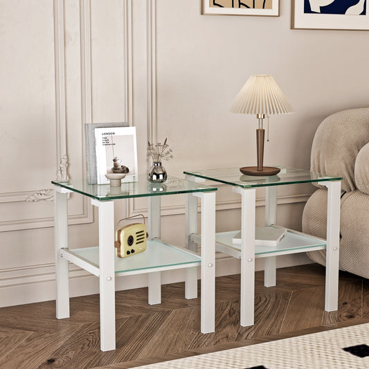 "Glass Two Layer Tea Table - Small Round Table for Bedroom Corner or Living Room Side - White, Set of 2"