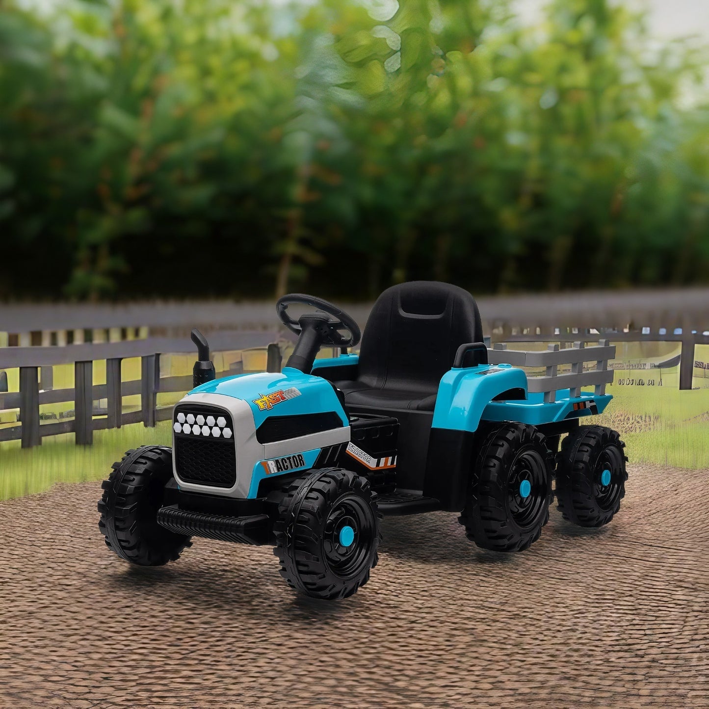 12V Battery Powered Ride on Tractor with Trailer for Kids | Remote Control | 3-Speed Adjustable | Power Display | USB, MP3, Bluetooth | LED Light | Two-Point Safety Belt | Blue