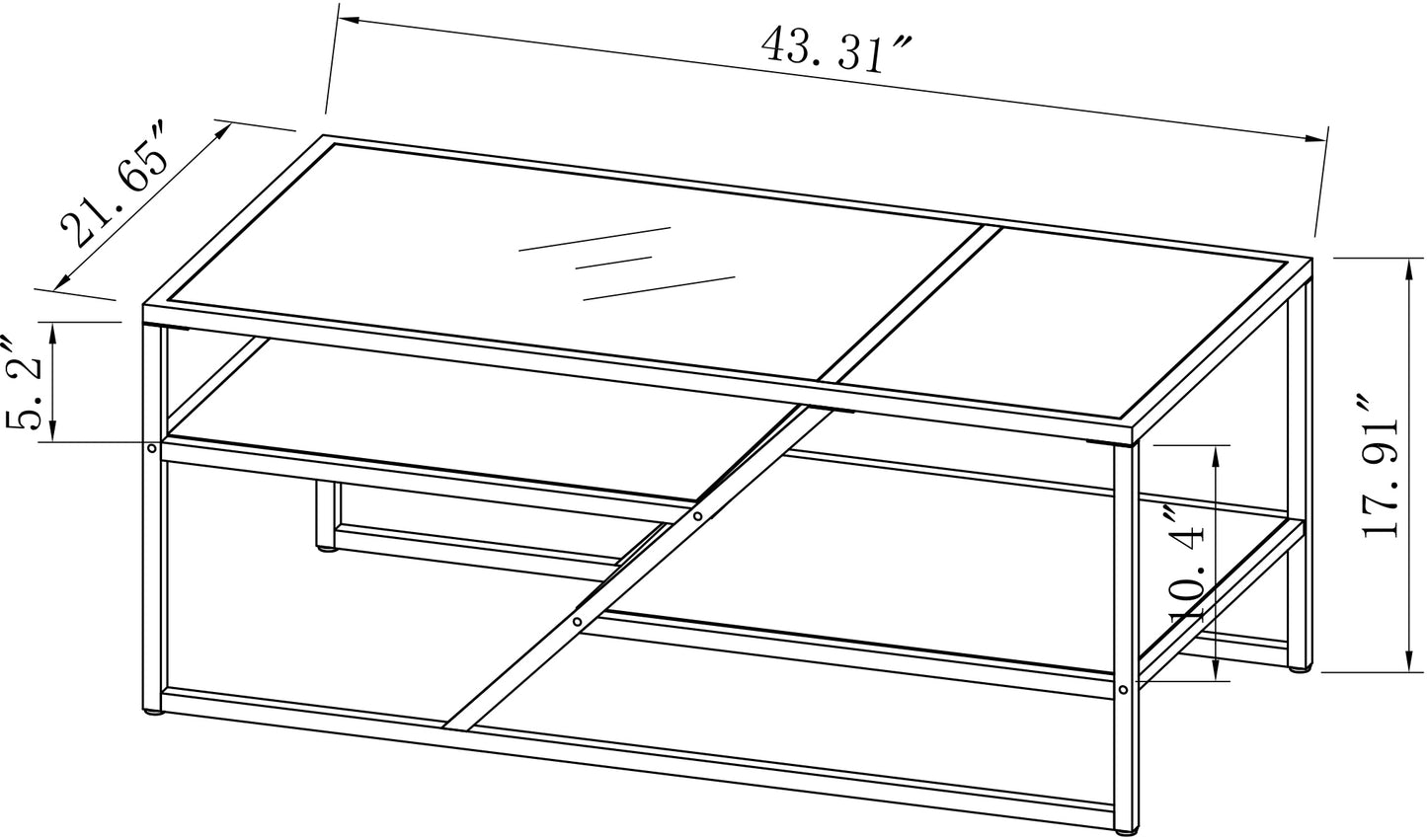 Black Coffee Table with Storage Shelf, Tempered Glass & Metal Frame for Living Room & Bedroom - Stylish, Functional Furniture for Home Décor