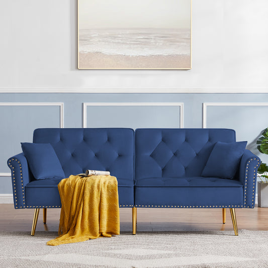 Modern Velvet Tufted Sofa Couch with 2 Pillows and Nailhead Trim, Loveseat Sofa Bed with Metal Legs - Stylish and Comfortable Living Room Furniture