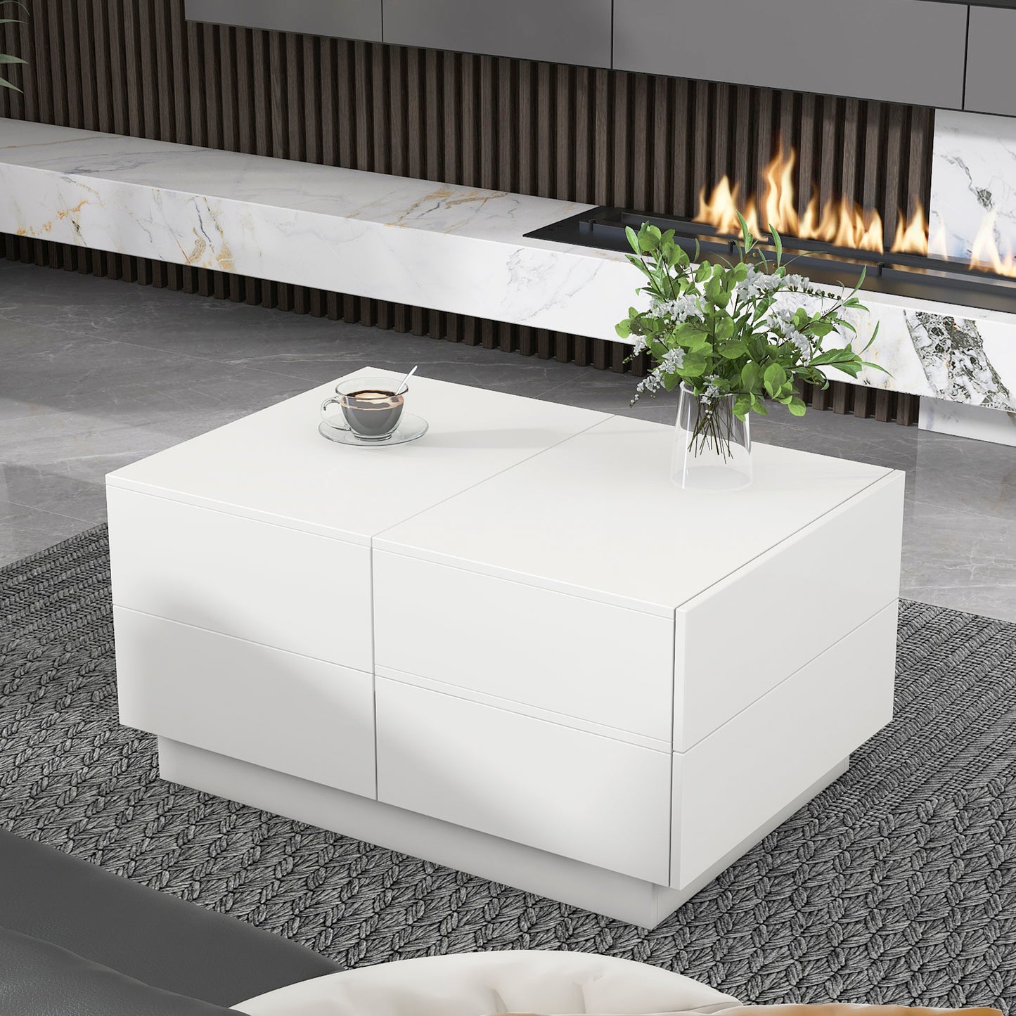 ON-TREND Extendable Coffee Table with 4 Drawers, Hidden Storage, UV High-gloss, Sliding Top - White, 35.4"x 23.6"