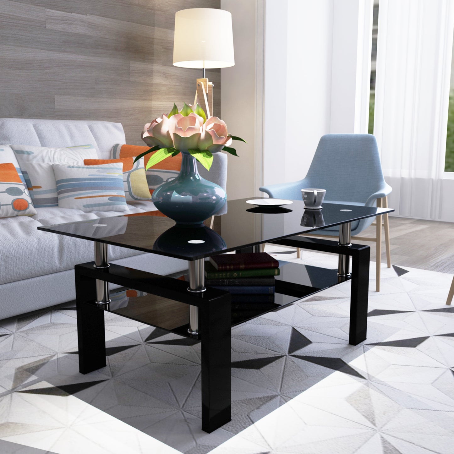 Rectangle Black Glass Coffee Table, Modern Side Center Tables for Living Room, Clear, Living Room Furniture