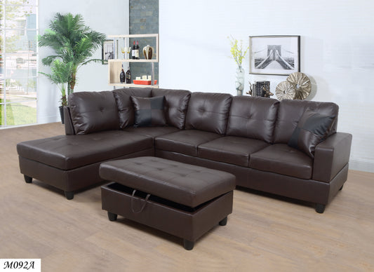 3 PC Sectional Sofa Set, Brown Faux Leather Right-Facing Chaise with Free Storage Ottoman - Comfortable and Functional Living Room Furniture