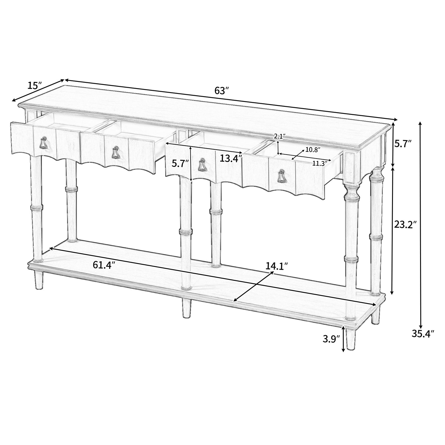 U-Style Console Table with 4 Front-Facing Storage Drawers and 1 Shelf – Ideal for Hallway, Living Room, or Bedroom – Classic Design with Ample Storage Space – Available in Various Colors and Sizes